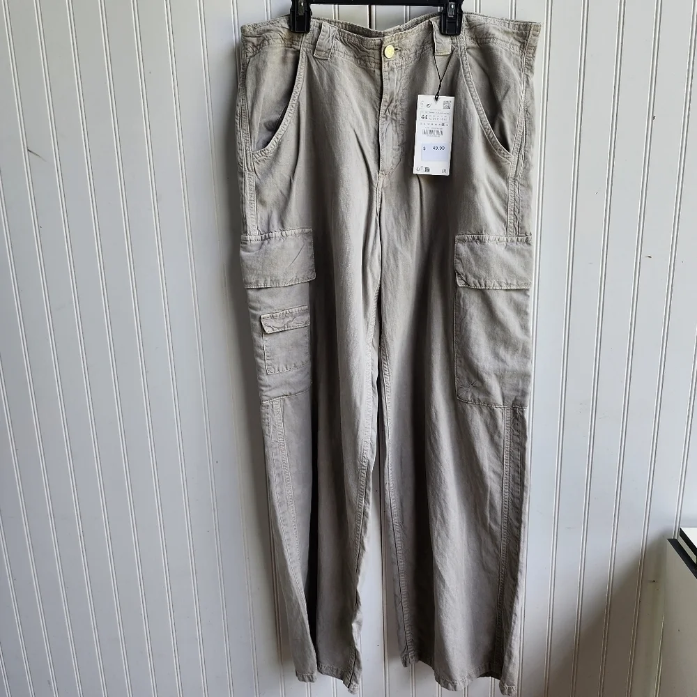 NWT $49 Zara Women Wide-Leg Cargo Pants Gray Chambray Linen Beach Boho 44 US 12